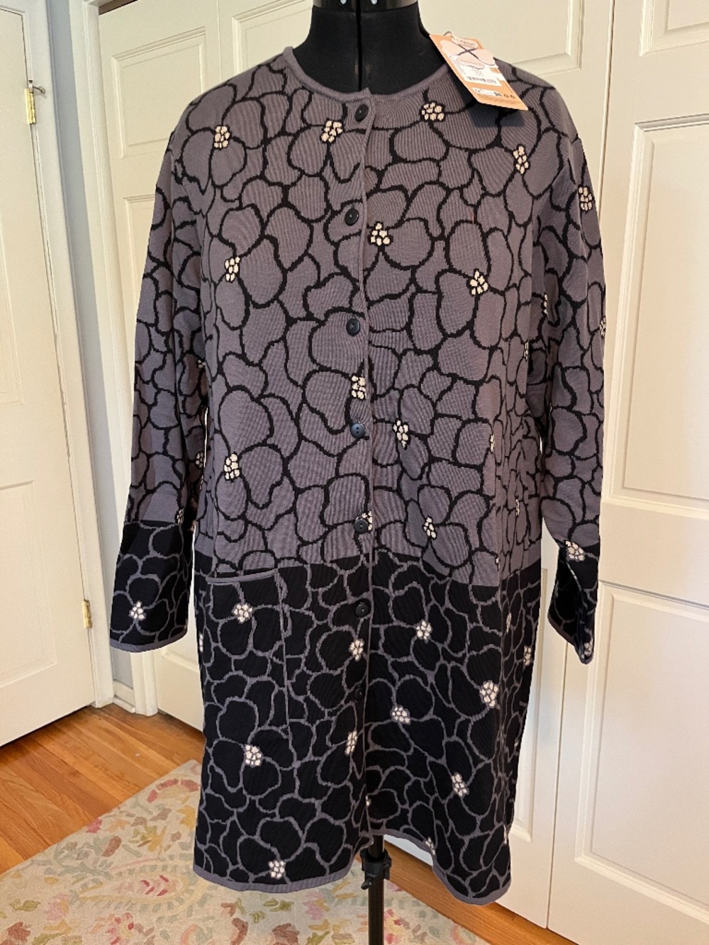 NWT! Gudrun Sjödén Theia Long Cardigan in Black Grey Tan 100% Cotton Size L